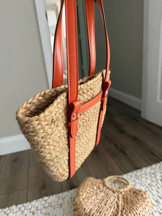 Zara Straw Tote with Bright Orange Trim and Handles - Picture 15 of 16